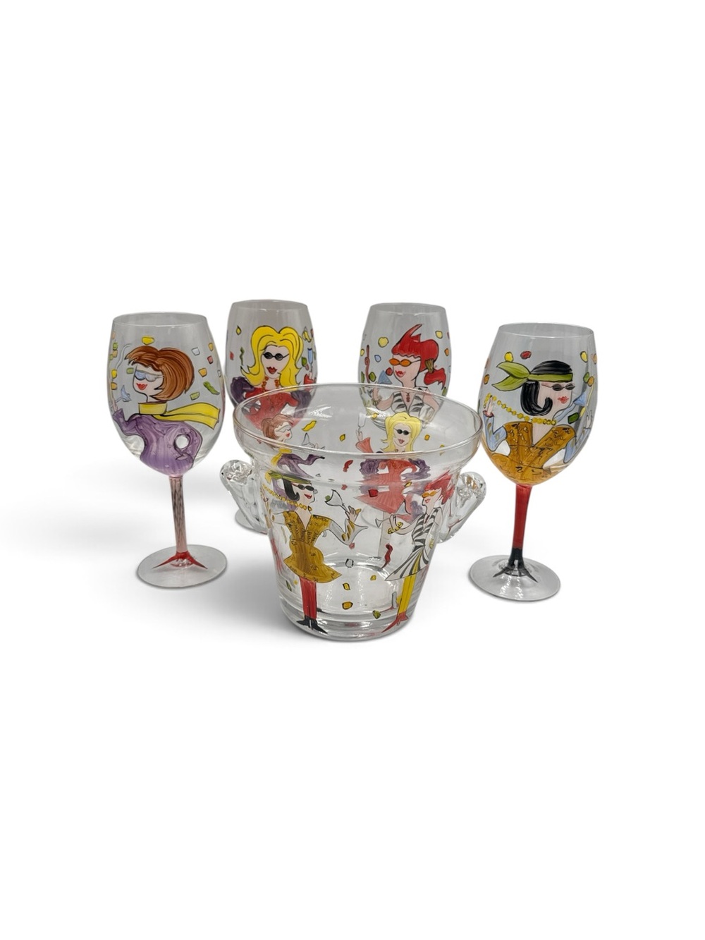 Vintage Hand Painted Whimsical Diva Wine Glasses & Ice Bucket 5 Pc Set